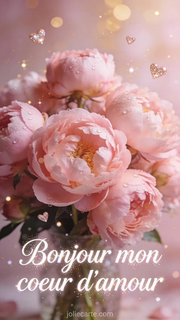 Image bonjour mon cœur d'amour avec pivoines roses délicates en gros plan sur fond pastel doux