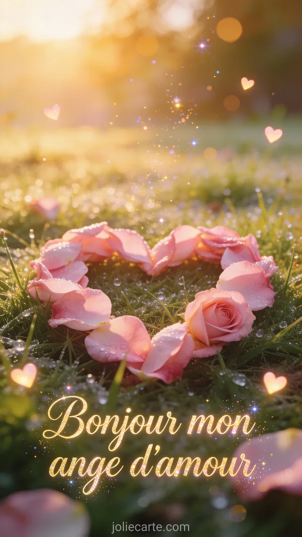 Image romantique bonjour mon ange d'amour avec roses rouges, pétales délicats et cœur sur fond doux