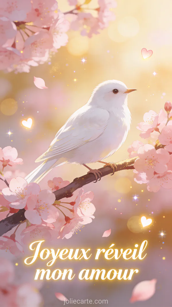 Image animée bonjour amoureux matin avec oiseau coloré et fleurs printanières sur fond lumineux