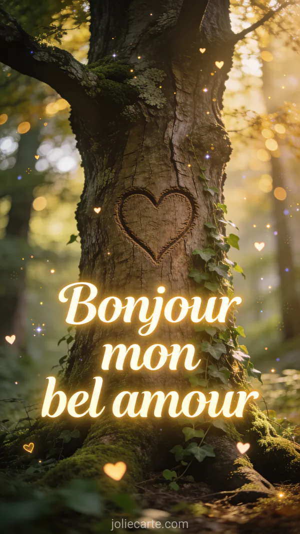 Image animée bonjour amour avec arbre majestueux aux branches tendues et cœur romantique sur fond nature