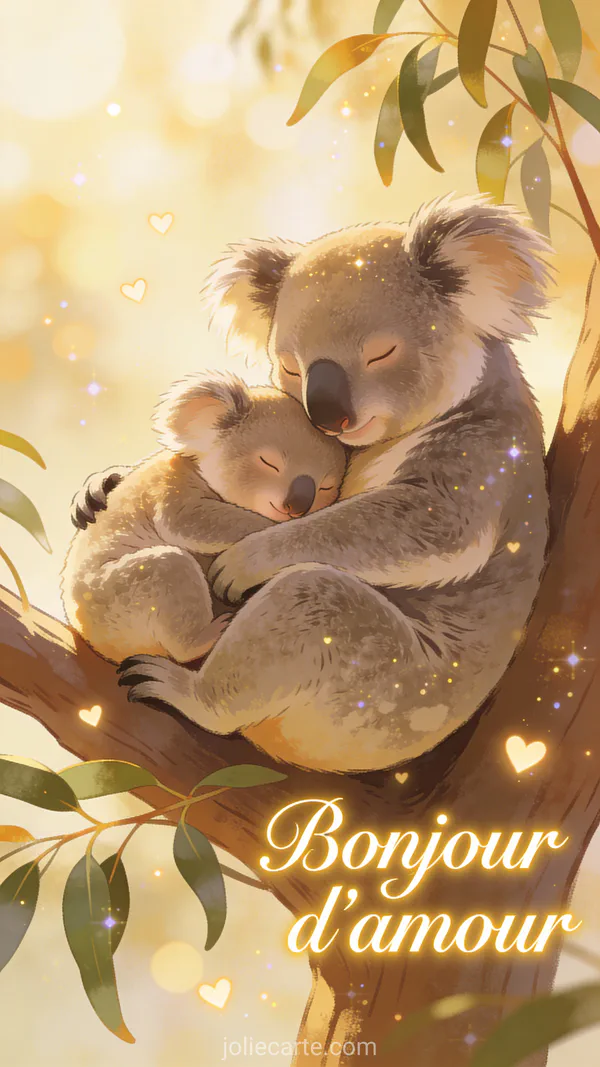 Image bonjour d'amour avec koala mignon aux grands yeux tendres accroché à une branche d'eucalyptus