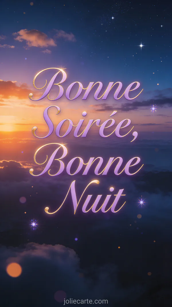 Paysage crépusculaire avec transition des couleurs chaudes du coucher de soleil vers le bleu nuit étoilé, nuages doux