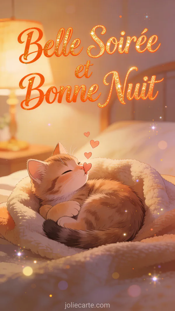 Adorable chaton roux sur une couverture douillette entouré de petits cœurs roses, ambiance chaleureuse de chambre