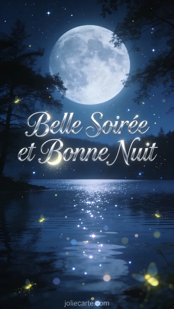 Pleine lune se reflétant sur un lac calme entouré d'arbres, lucioles scintillantes et ciel étoilé féerique