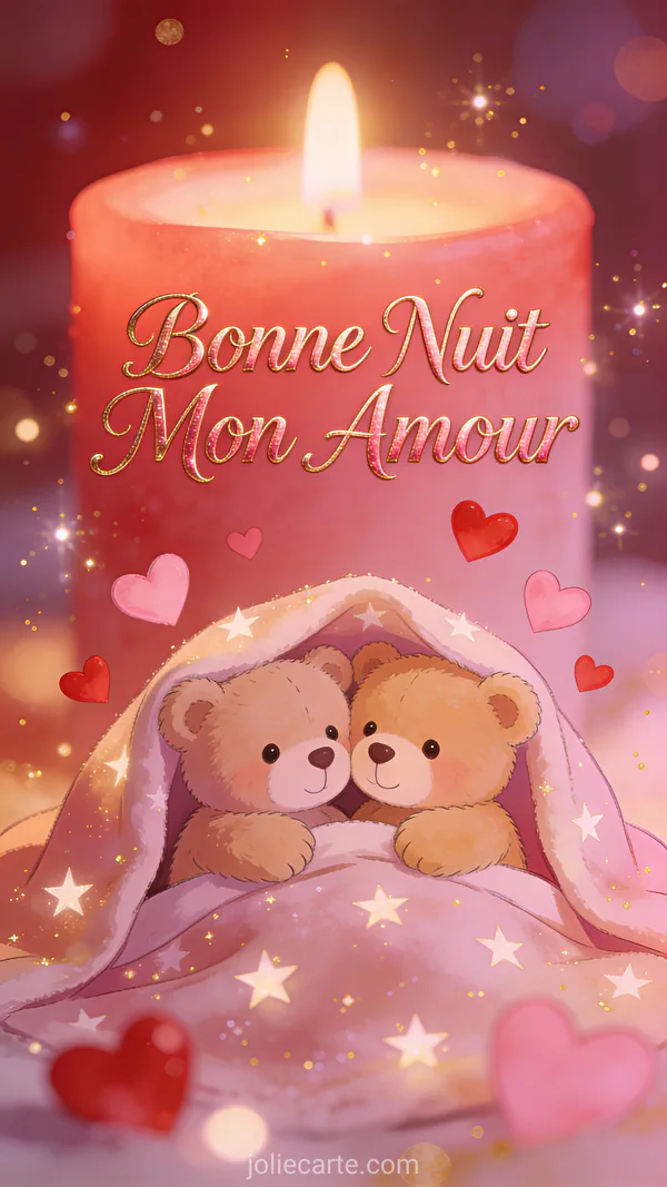 Deux oursons en peluche câlins sous une couverture étoilée entourés de cœurs roses et rouges, ambiance romantique