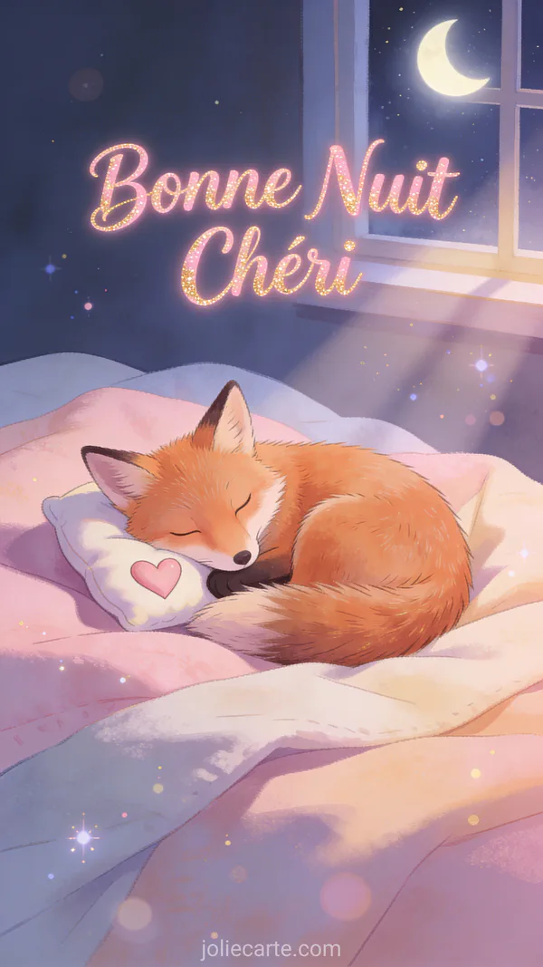 Mignon renard roux endormi serrant un coussin en forme de cœur, lumière de lune douce à travers une fenêtre