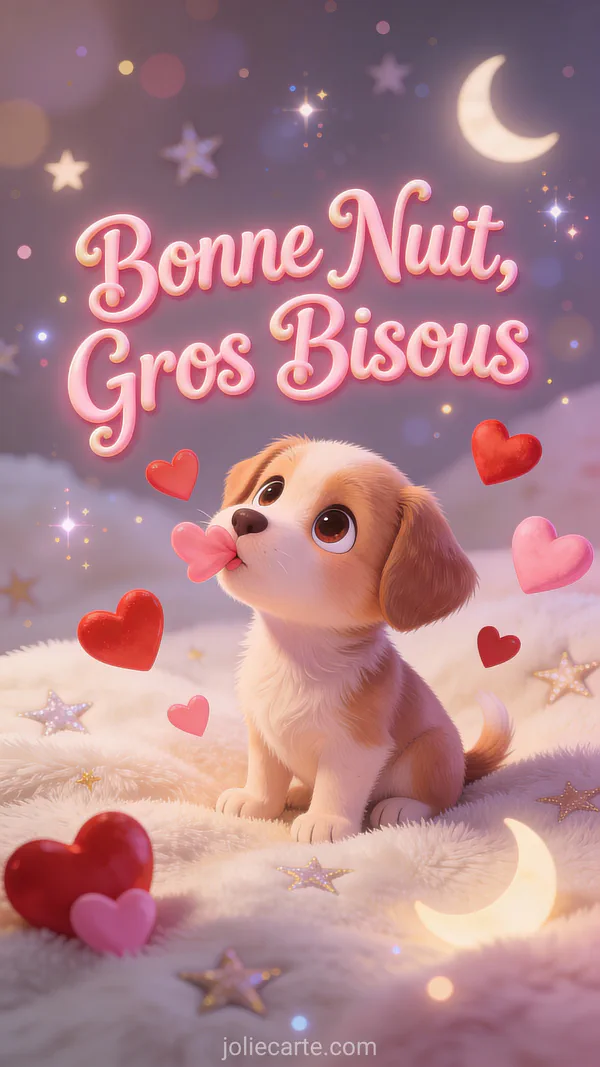 Chiot mignon aux grands yeux envoyant des bisous entouré de nombreux cœurs roses et rouges flottants