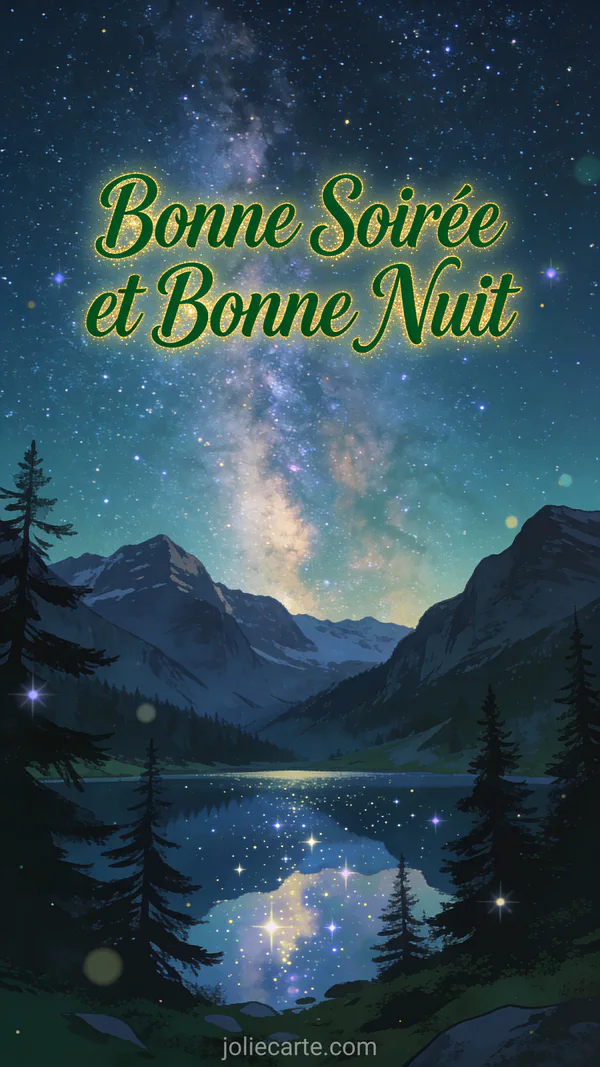 Majestueuses montagnes enneigées sous la Voie lactée, lac alpin reflétant les étoiles, silhouettes de sapins