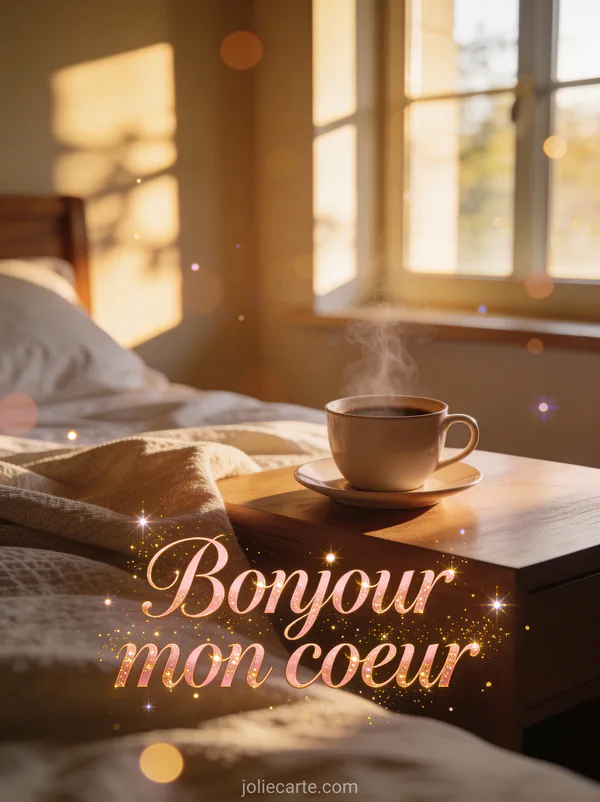 Image bonjour romantique avec lumière dorée du matin, tasse de café fumante sur table en bois, ambiance cosy et chaleureuse pour lui souhaiter une belle journée