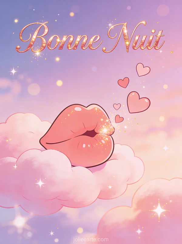 Lèvres cartoon soufflant un baiser scintillant entouré de coeurs roses et d'étoiles sur fond pastel rose et violet