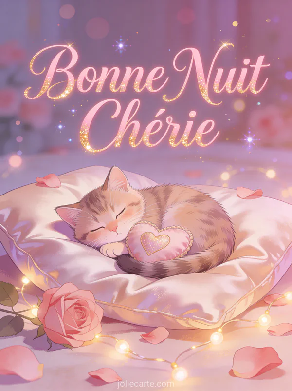 Mignon chaton endormi sur un coussin rose entouré de pétales de roses et de lumières féeriques
