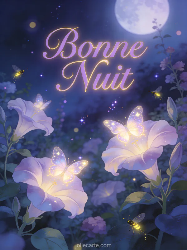 Papillons aux ailes luminescentes posés sur des fleurs blanches dans un jardin nocturne avec lucioles et clair de lune