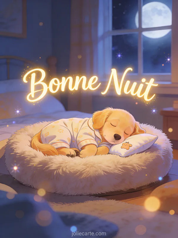 Adorable chiot golden retriever en pyjama couché dans un panier douillet avec clair de lune par la fenêtre