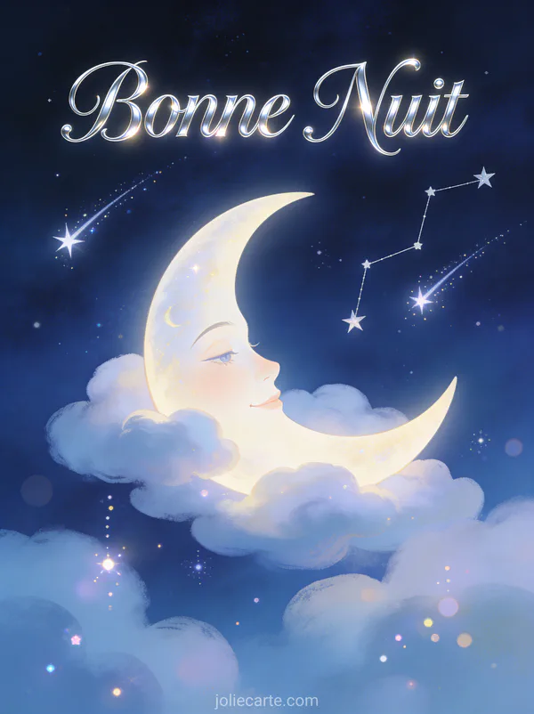 Croissant de lune au visage doux entouré de nuages et d'étoiles filantes dans un ciel bleu nuit