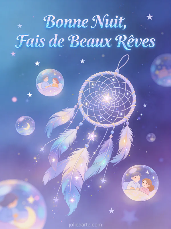 Attrape-rêves aux plumes délicates capturant de la poussière d'étoiles avec des bulles de rêves flottantes sur fond indigo