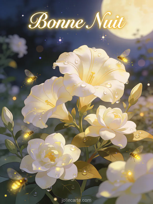 Fleurs de lune blanches et jasmin avec gouttes de rosée entourés de lucioles dans un jardin au crépuscule