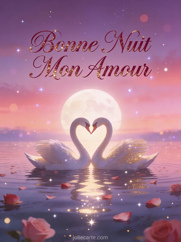 Deux cygnes blancs formant un coeur sur un lac avec pétales de roses flottants et reflets d'étoiles au crépuscule