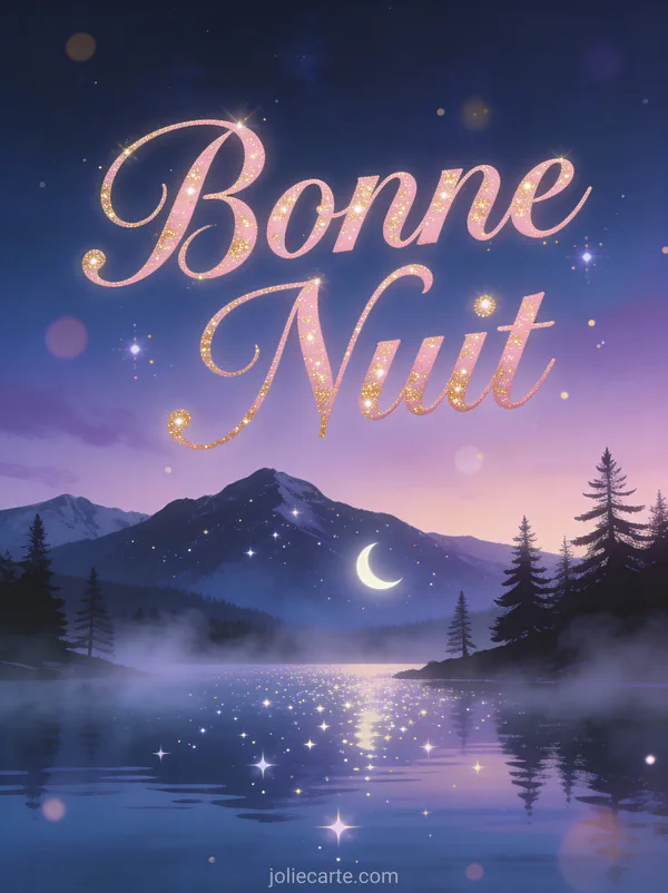 Lac de montagne paisible reflétant le croissant de lune et les étoiles avec silhouettes de pins et brume légère