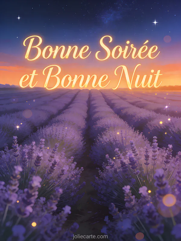 Champ de lavande violet au crépuscule avec ciel dégradé orange vers bleu nuit et premières étoiles