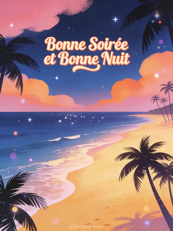 Plage tropicale au coucher du soleil avec palmiers, vagues douces sur sable doré et ciel rose virant au bleu nuit