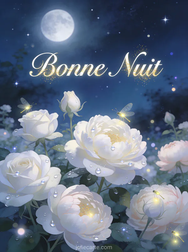 Jardin de roses blanches et pivoines sous la lune avec rosée scintillante et lucioles dans la nuit étoilée