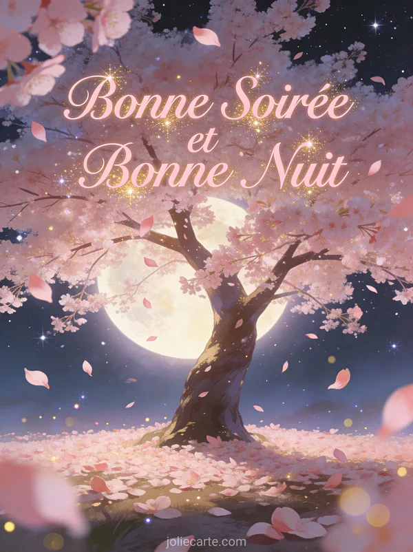 Cerisier en fleurs sous la pleine lune avec pétales roses tombant doucement et ciel étoilé romantique