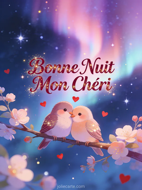 Deux tourtereaux blottis sur une branche fleurie sous des aurores boréales roses avec coeurs flottants