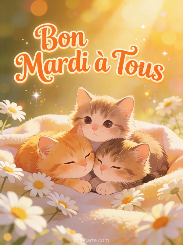 Trois chatons blottis ensemble sur une couverture douce entoures de marguerites dans une lumiere matinale chaleureuse