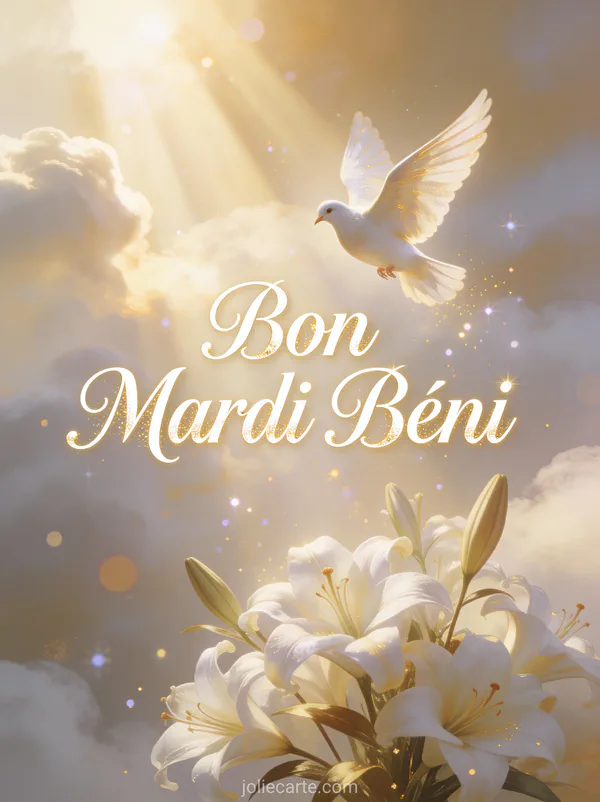 Colombe blanche en vol entouree de rayons de lumiere divine traversant les nuages avec des lys blancs en contrebas