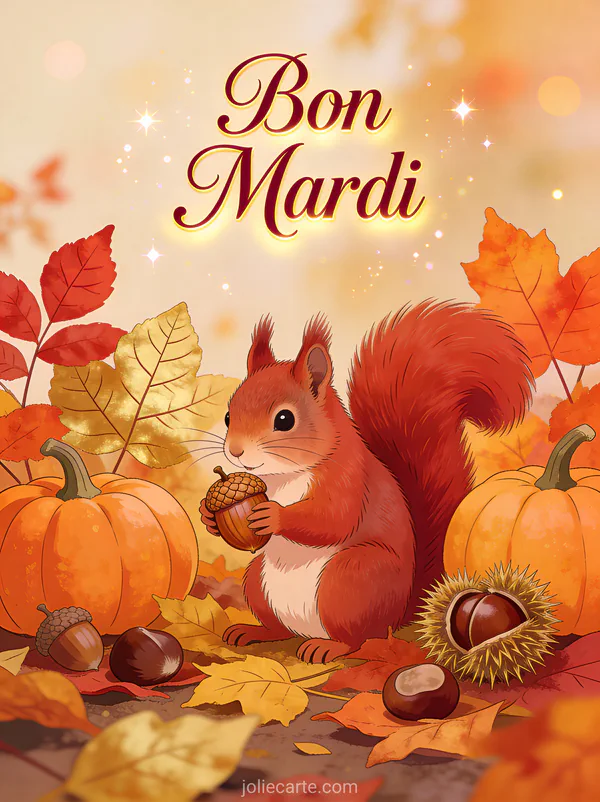 Ecureuil roux tenant un gland entoure de feuilles d'automne colorees avec citrouilles et chataignes