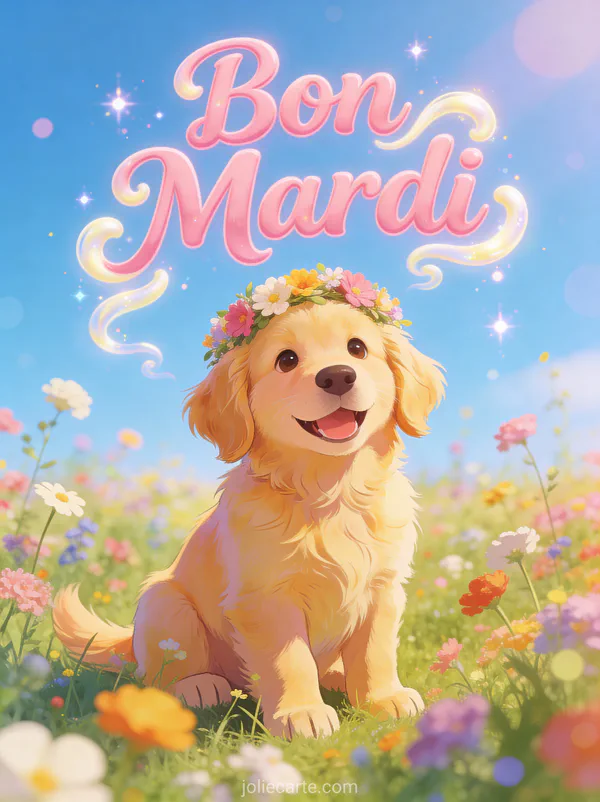 Chiot golden retriever joyeux avec couronne de fleurs dans un champ de fleurs sauvages colorees sous ciel bleu