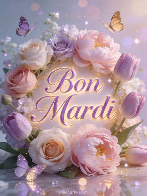 Composition florale de roses pivoines et tulipes pastels avec gouttes de rosee et papillons virevoltants