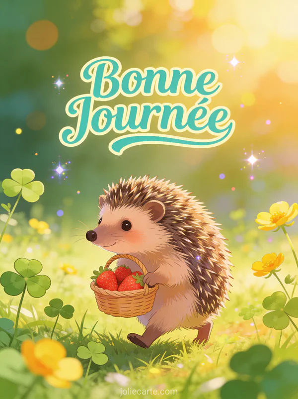 Herisson mignon portant un petit panier de fraises dans une prairie avec trefles et boutons d'or au soleil