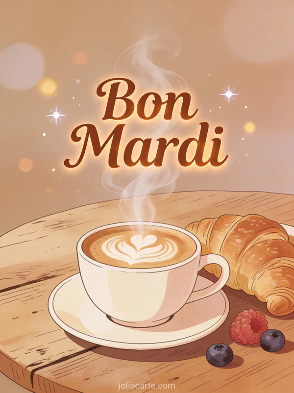 Tasse de cafe latte art fumante sur table en bois rustique avec croissants et baies fraiches