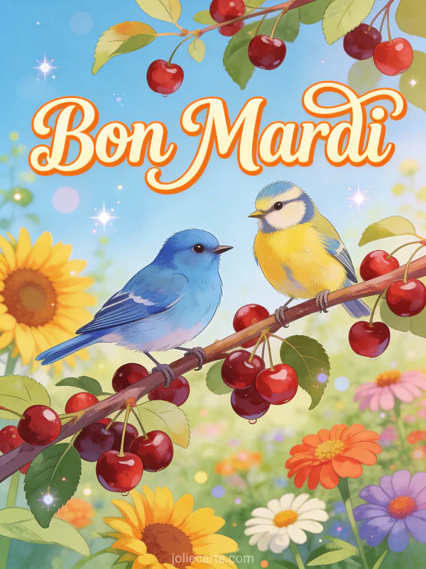 Merle bleu et chardonneret jaune sur branche de cerises dans jardin avec tournesols et zinnias colores