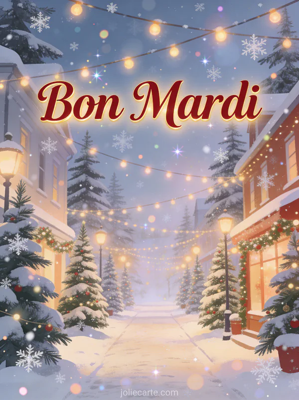 Image bon mardi avec décoration de Noël, sapins enneigés et guirlandes lumineuses dans une ambiance festive hivernale