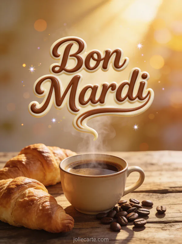 Tasse de café fumante sur table en bois avec rayons de soleil dorés et croissant frais pour un mardi matin chaleureux