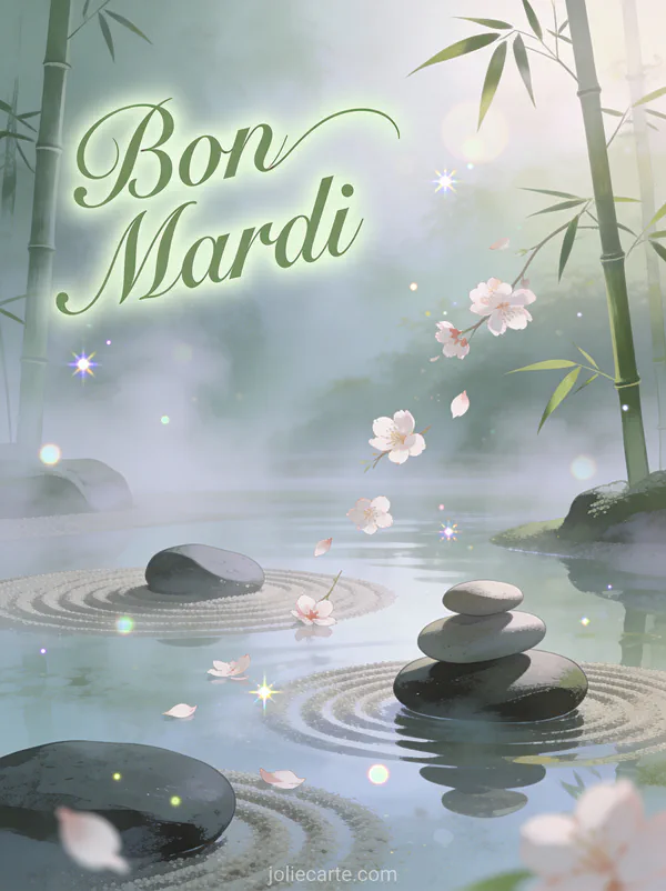 Jardin zen avec pierres lisses, fleurs de cerisier et bambou dans une atmosphère méditative et apaisante