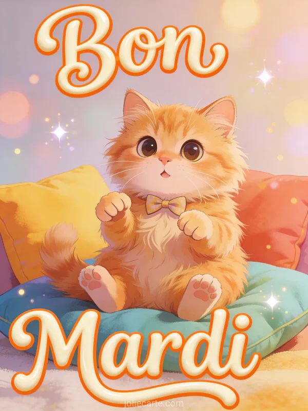 Chat roux mignon avec nœud papillon et expression drôle sur coussins colorés pour un mardi humoristique