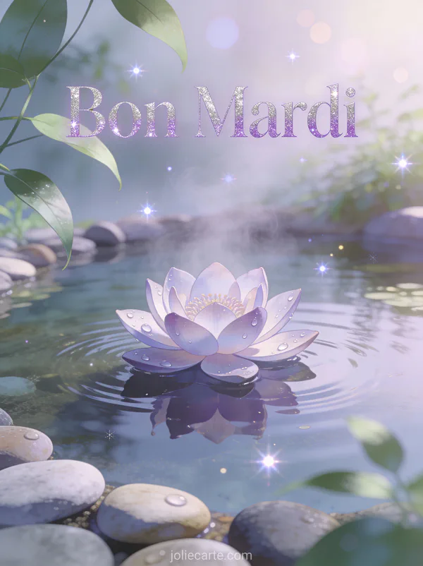 Fleur de lotus rose flottant sur étang calme avec gouttes de rosée et atmosphère méditative zen