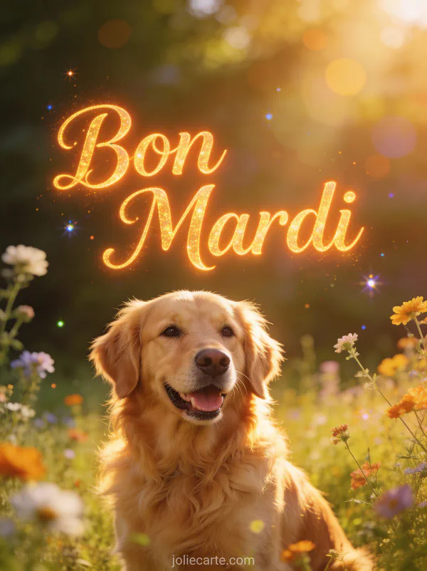 Golden retriever heureux assis dans prairie fleurie avec soleil doré et fleurs sauvages colorées