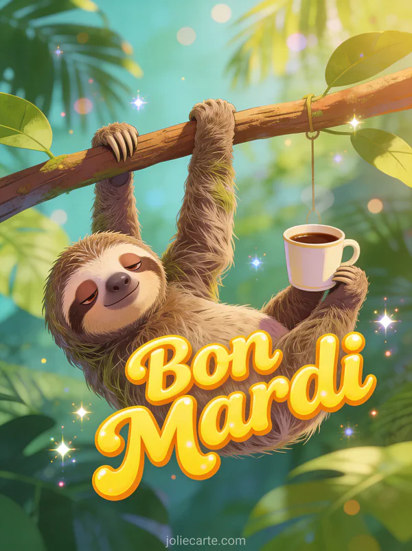 Paresseux drôle suspendu à une branche avec tasse de café et expression endormie comique en forêt tropicale