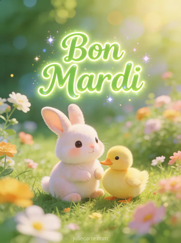 Bébé lapin blanc et petit caneton jaune assis ensemble sur herbe verte avec fleurs de printemps