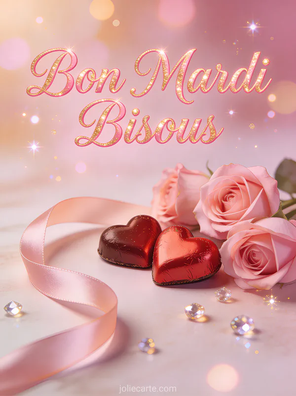 Chocolats en forme de cœur avec roses roses, ruban satiné et petites pierres brillantes composition romantique