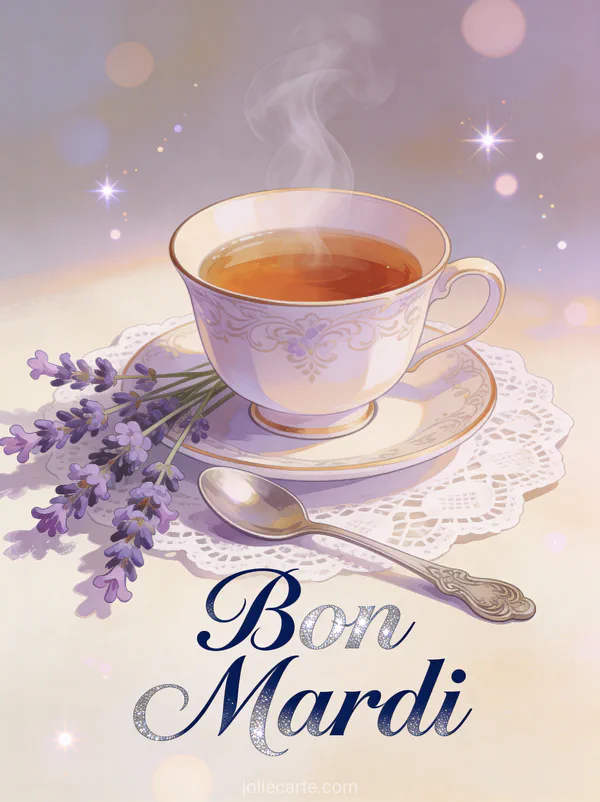 Tasse de thé vintage fumante sur napperon dentelle avec brins de lavande et cuillère ancienne