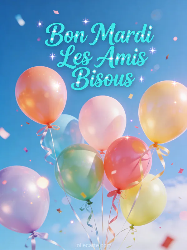 Ballons multicolores avec rubans et confettis s'envolant dans ciel bleu pour célébrer l'amitié