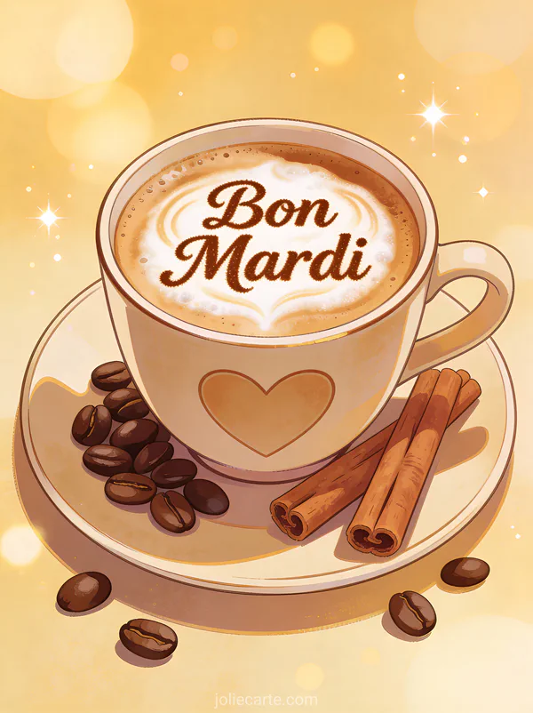 Tasse de latte art avec dessin cœur entourée de grains de café et bâtons de cannelle ambiance cosy