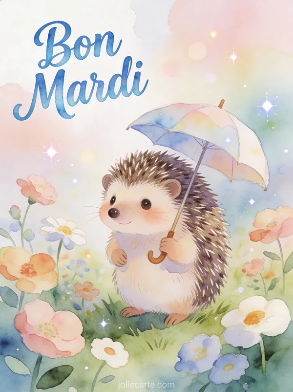 Hérisson mignon style aquarelle tenant petit parapluie dans jardin fleuri aux couleurs pastel