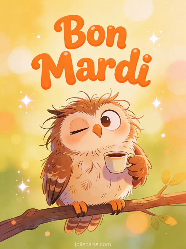 Hibou aux plumes ébouriffées tenant petite tasse de café avec expression endormie comique sur branche