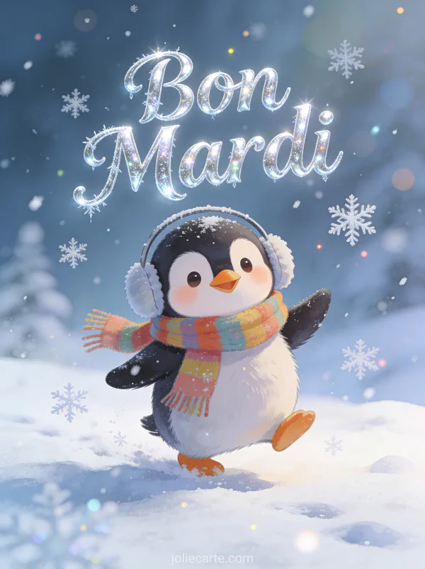 Pingouin mignon avec écharpe colorée et cache-oreilles marchant dans neige avec flocons tombants